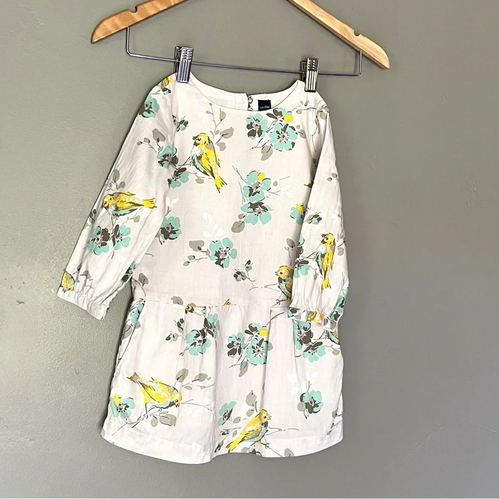BabyGap Toddler 3 Years Floral Bird Drop Waist Long Sleeve Dress